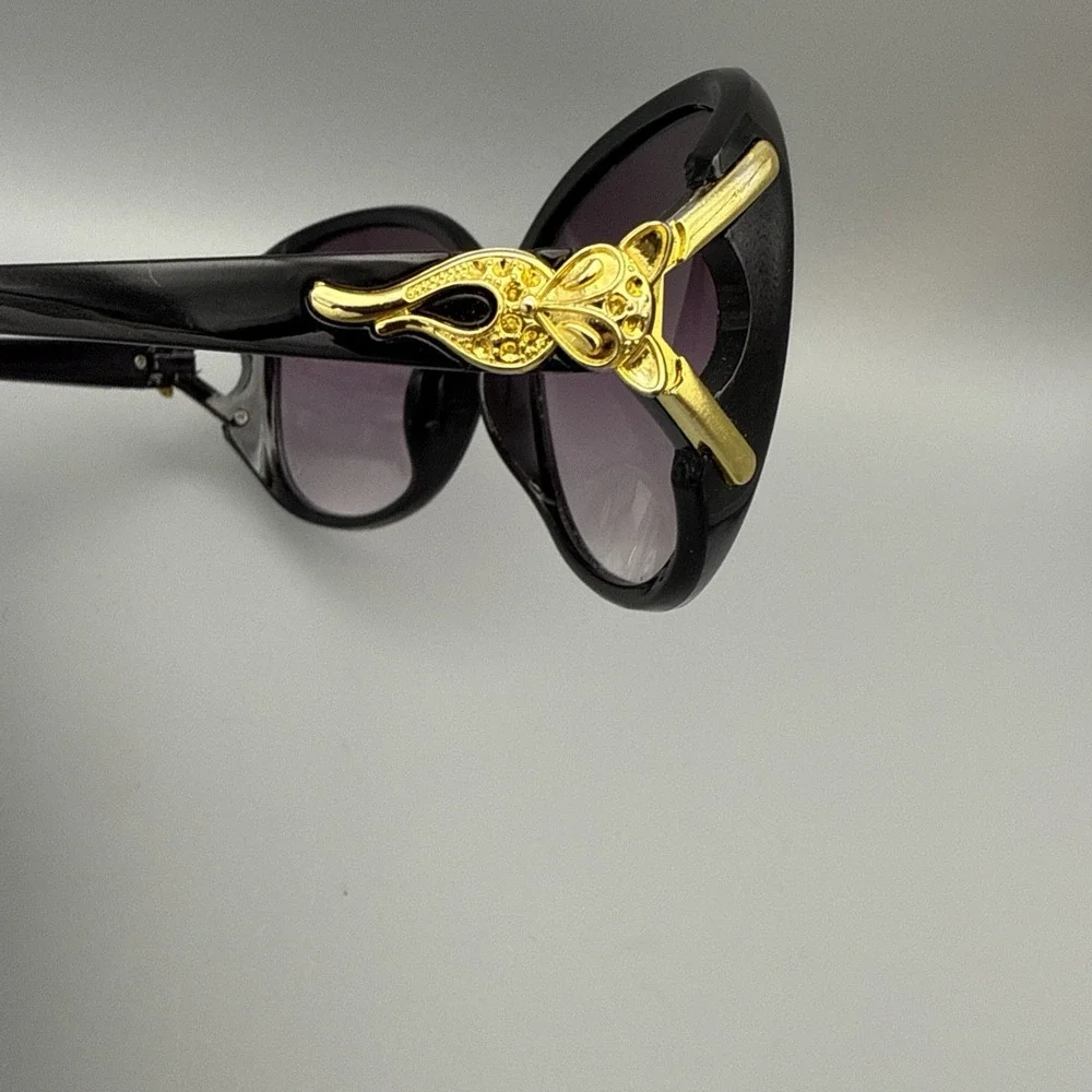 Oversized Round Black Sunglasses Gold Sculptural Temple Purple Gradient Lens HOT